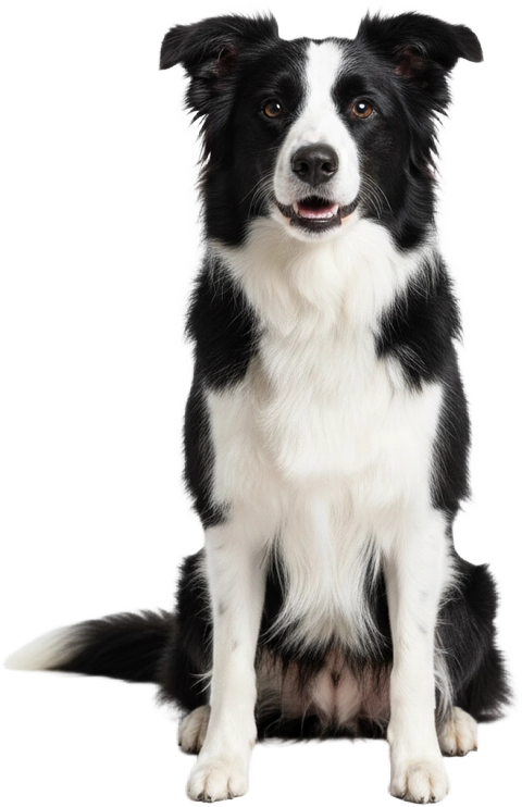 Border collie noir et blanc assis de face, détouré sur fond transparent