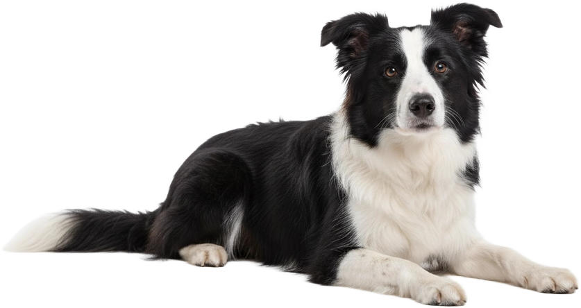 Border collie noir et blanc couché de profil, détouré sur fond transparent